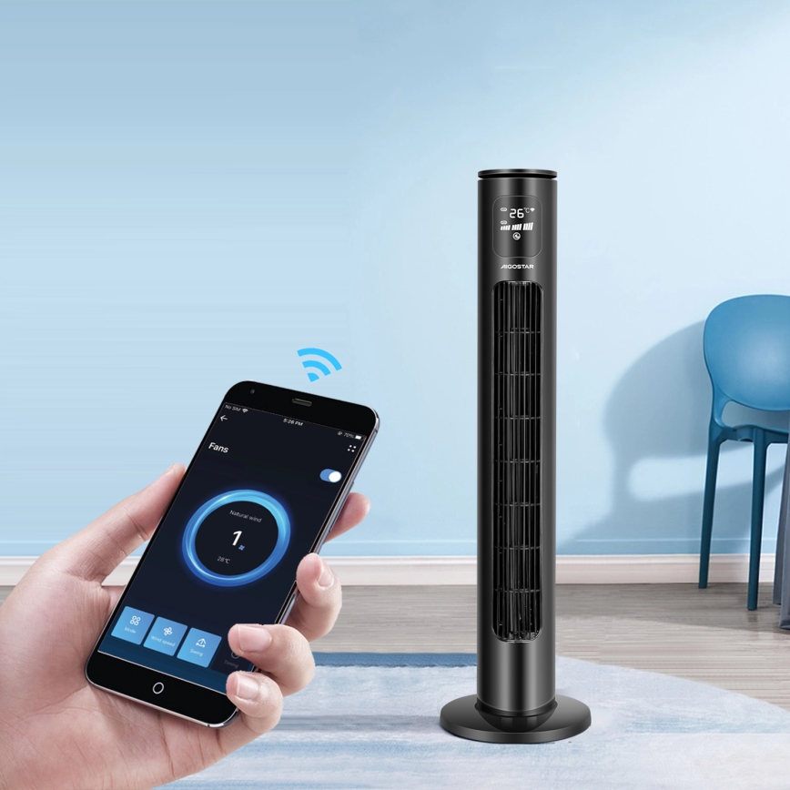 Aigostar - Ventilatore a torre 50W/230V nero Wi-Fi + telecomando