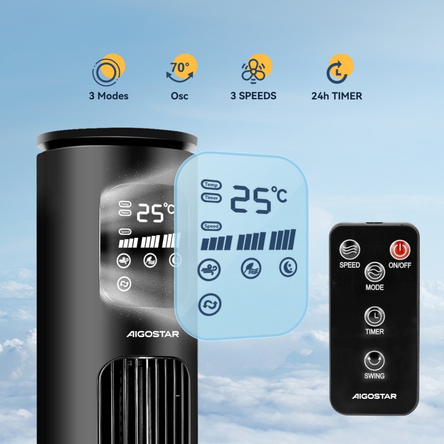 Aigostar - Ventilatore a torre 50W/230V nero Wi-Fi + telecomando