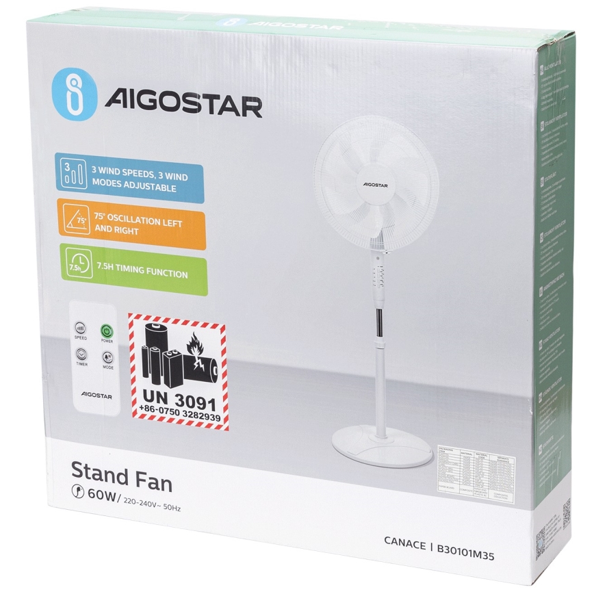 Aigostar - Ventilatore con supporto 60W/230V bianco + telecomando