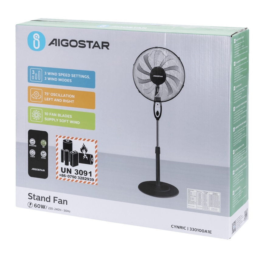 Aigostar - Ventilatore con supporto 60W/230V nero + telecomando