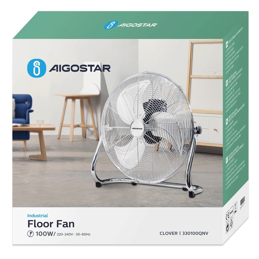 Aigostar - Ventilatore da pavimento 100W/230V cromo lucido