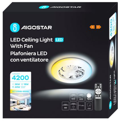 Aigostar - Ventilatore da soffitto dimmerabile a LED LED/40W/230V 2700-6500K diametro 49 cm + telecomando bianco