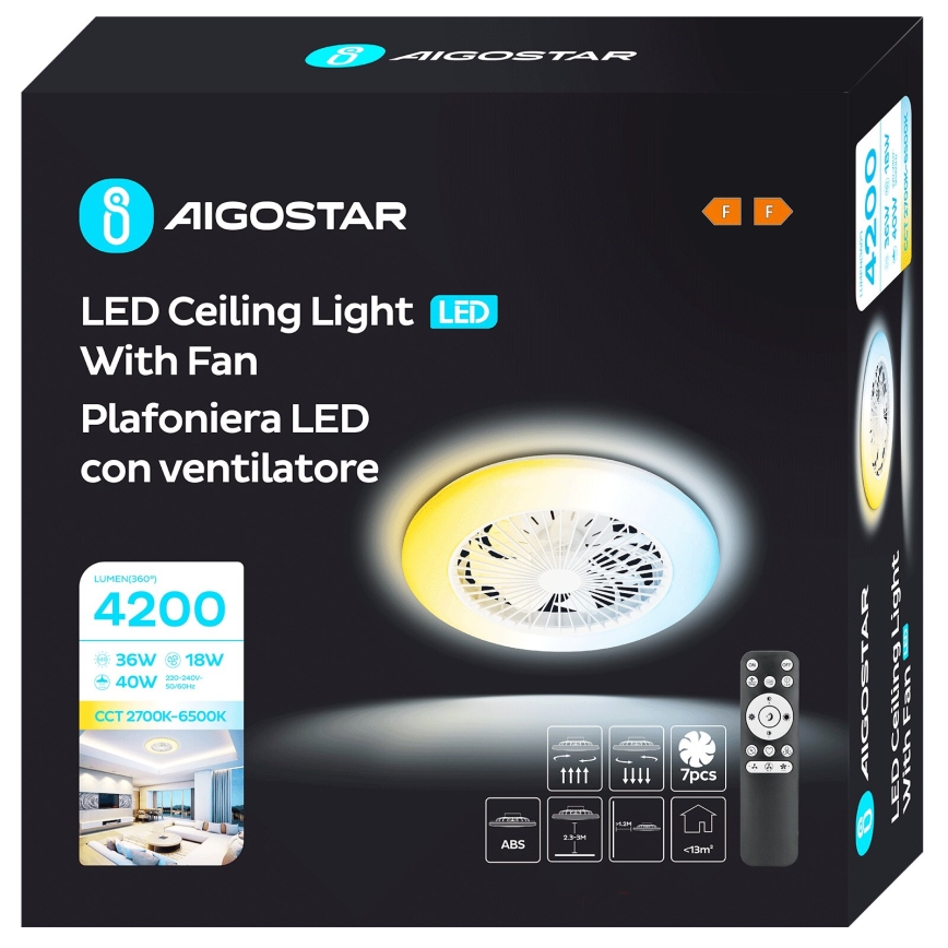 Aigostar - Ventilatore da soffitto dimmerabile a LED LED/40W/230V 2700-6500K diametro 49 cm + telecomando bianco