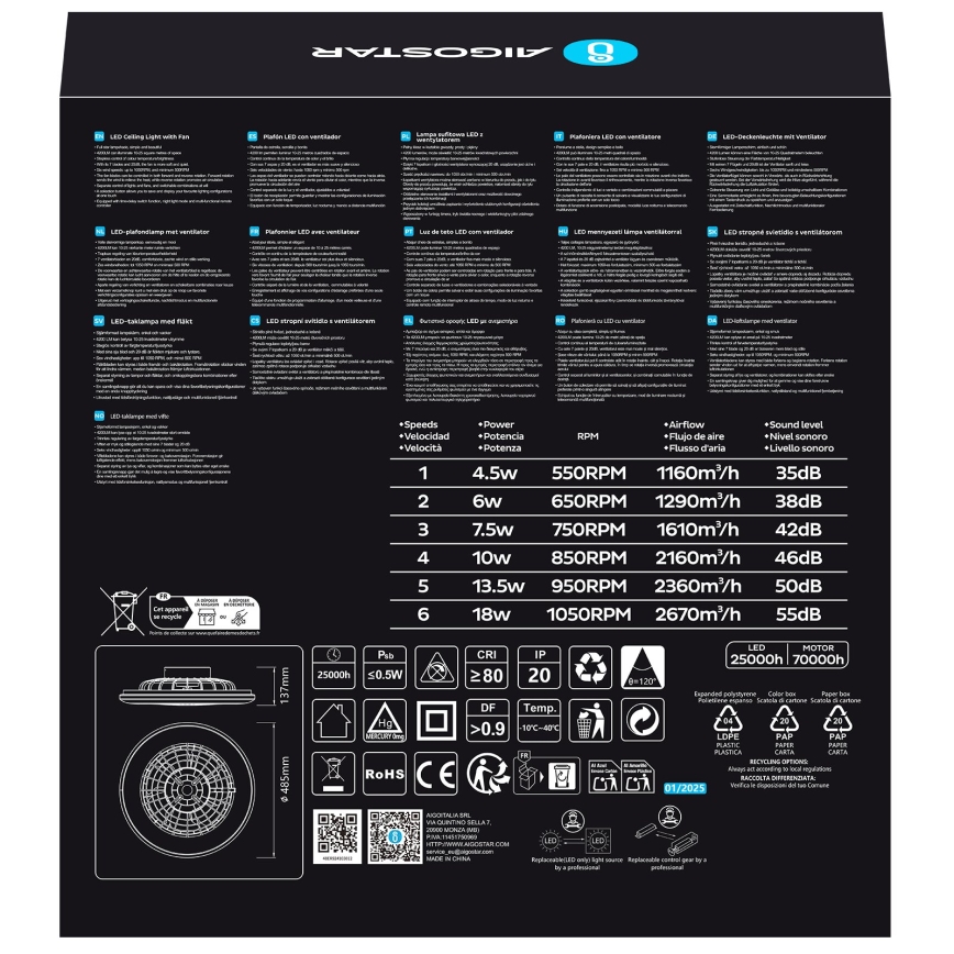 Aigostar - Ventilatore da soffitto dimmerabile a LED LED/40W/230V 2700-6500K diametro 49 cm + telecomando bianco