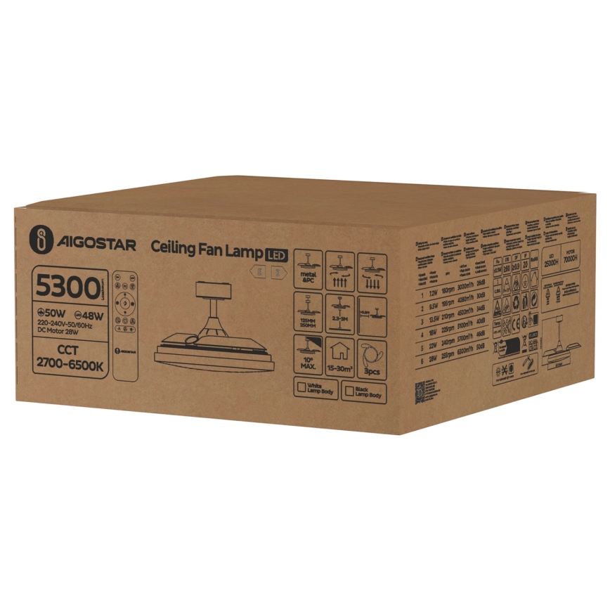 Aigostar - Ventilatore da soffitto dimmerabile a LED LED/50W/230V 2700-6500K 106cm bianco + telecomando