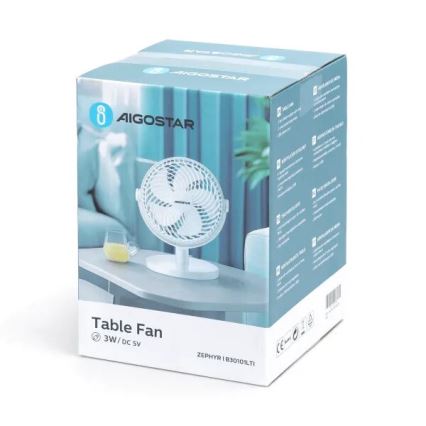 Aigostar - Ventilatore da tavolo 3W/5V bianco