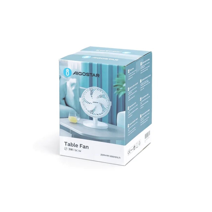 Aigostar - Ventilatore da tavolo 3W/5V bianco