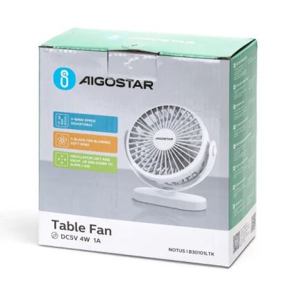 Aigostar - Ventilatore da tavolo ricaricabile 4W/5V 1500mAh bianco