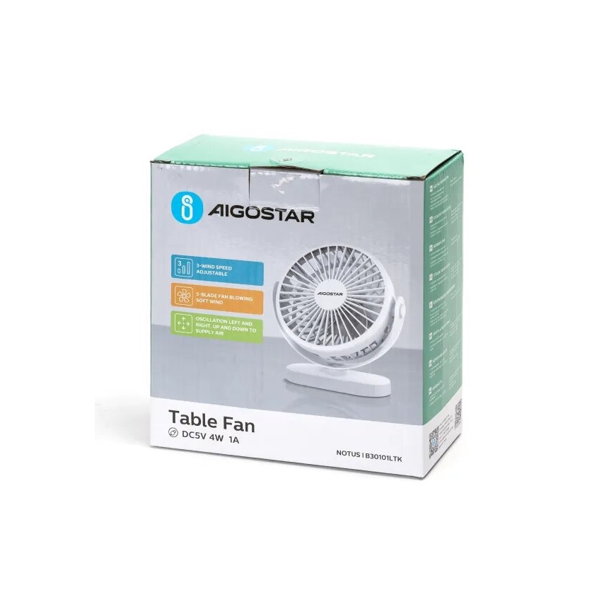 Aigostar - Ventilatore da tavolo ricaricabile 4W/5V 1500mAh bianco