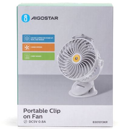 Aigostar - Ventilatore da tavolo ricaricabile con clip 2W/5V 2400mAh USB bianco