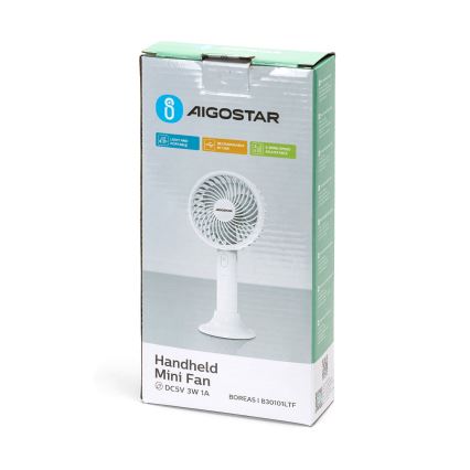 Aigostar - Ventilatore tascabile ricaricabile 3W/5V 1500mAh USB bianco
