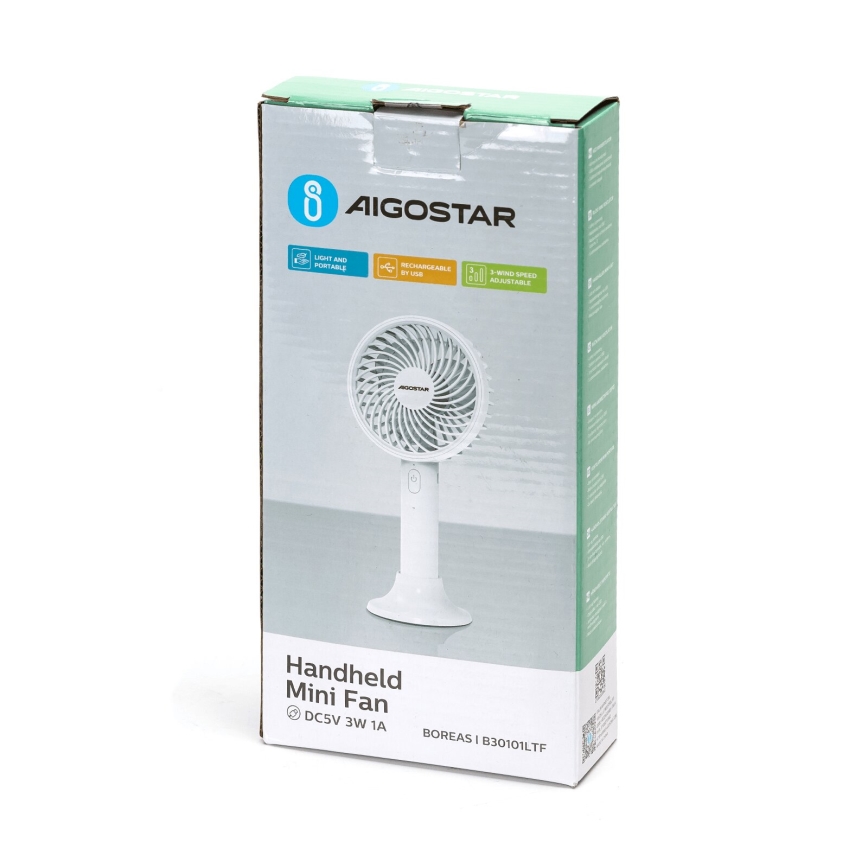 Aigostar - Ventilatore tascabile ricaricabile 3W/5V 1500mAh USB bianco