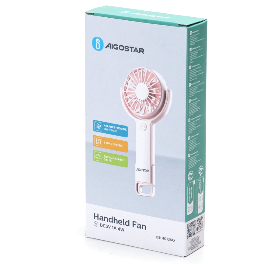 Aigostar - Ventilatore tascabile ricaricabile 4,5W/3,7V 1200mAh USB rosa