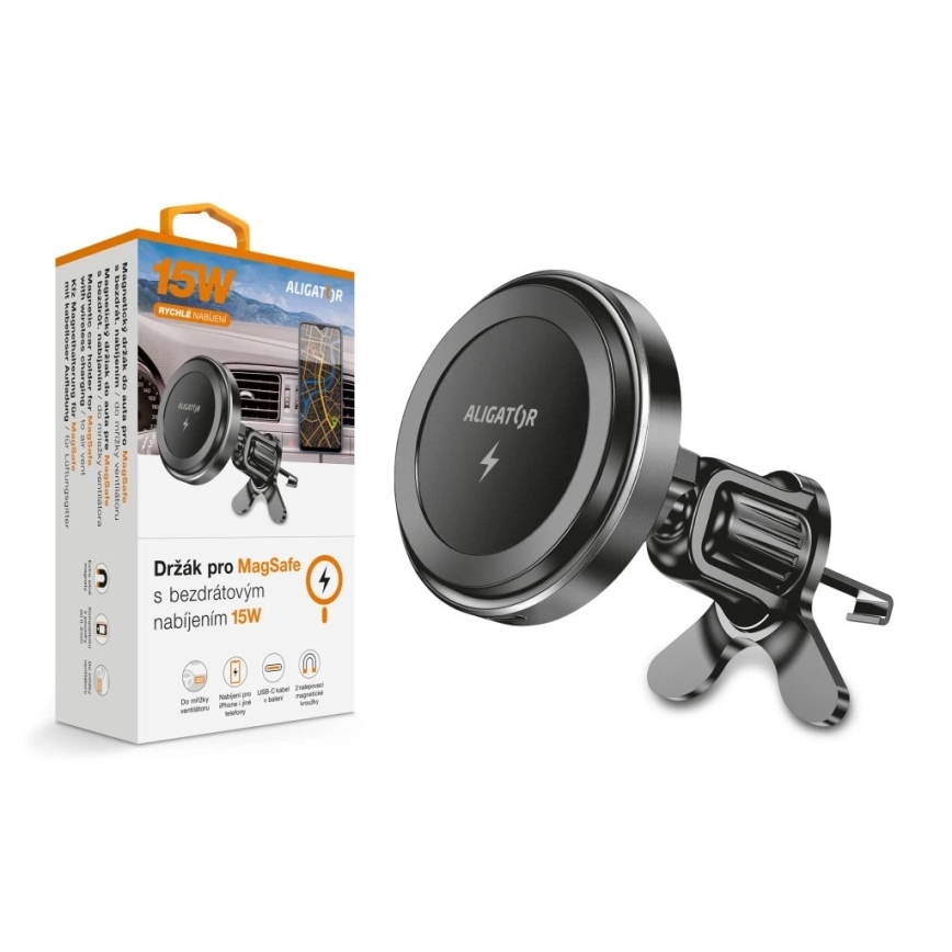 Aligator AMS05BK - Support magnétique de voiture pour téléphone avec charge sans fil Qi 15W compatible MagSafe, noir