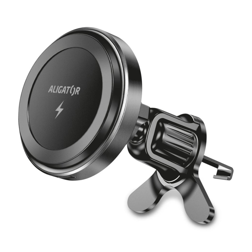 Aligator AMS05BK - Supporto auto magnetico per smartphone con ricarica wireless Qi 15W e MagSafe nero