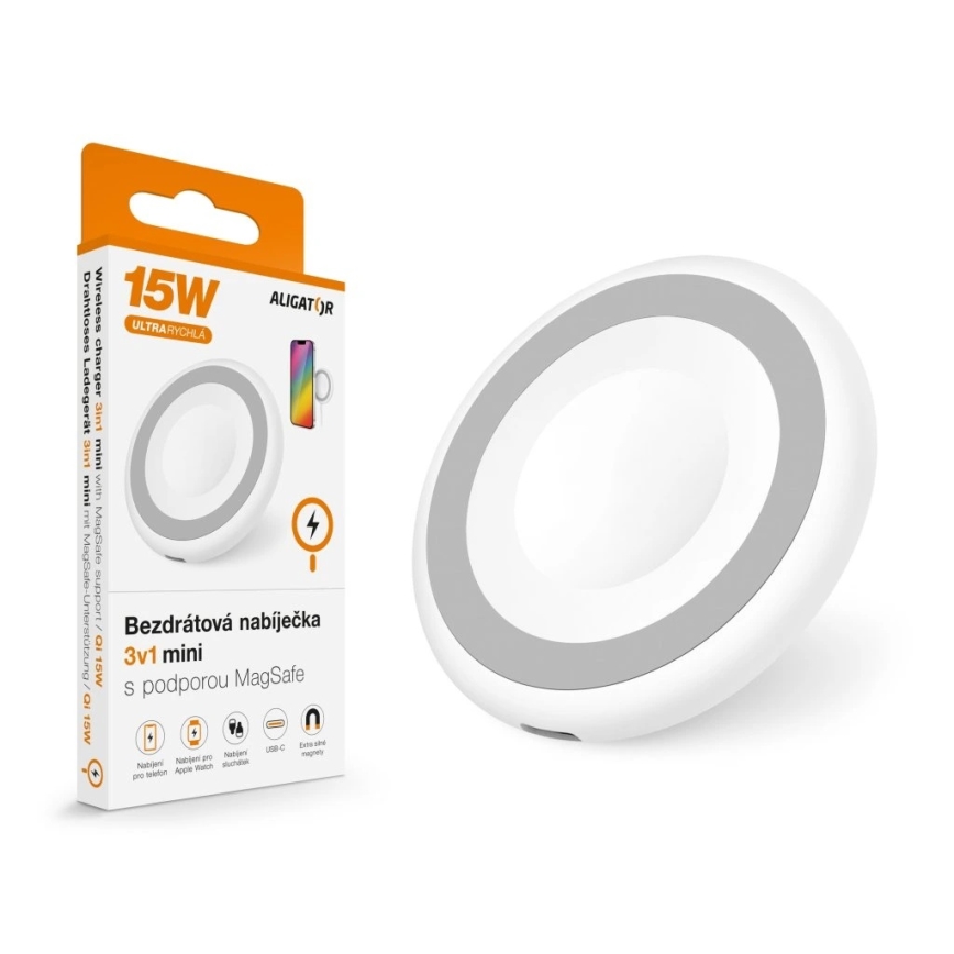 Aligator AMS08WT - Chargeur sans fil MagSafe 3-en-1 15 W blanc