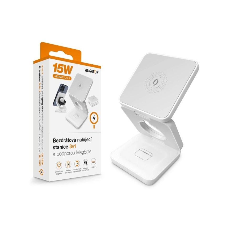 Aligator AMS09WT - Stazione di ricarica wireless MagSafe 3-in-1 15W bianca
