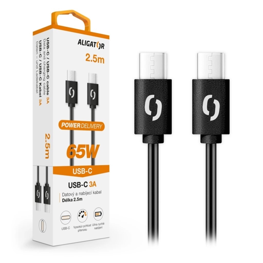 Aligator DATKP58 - Cavo USB-C a USB-C 65 W Power Delivery, 2,5 m, nero