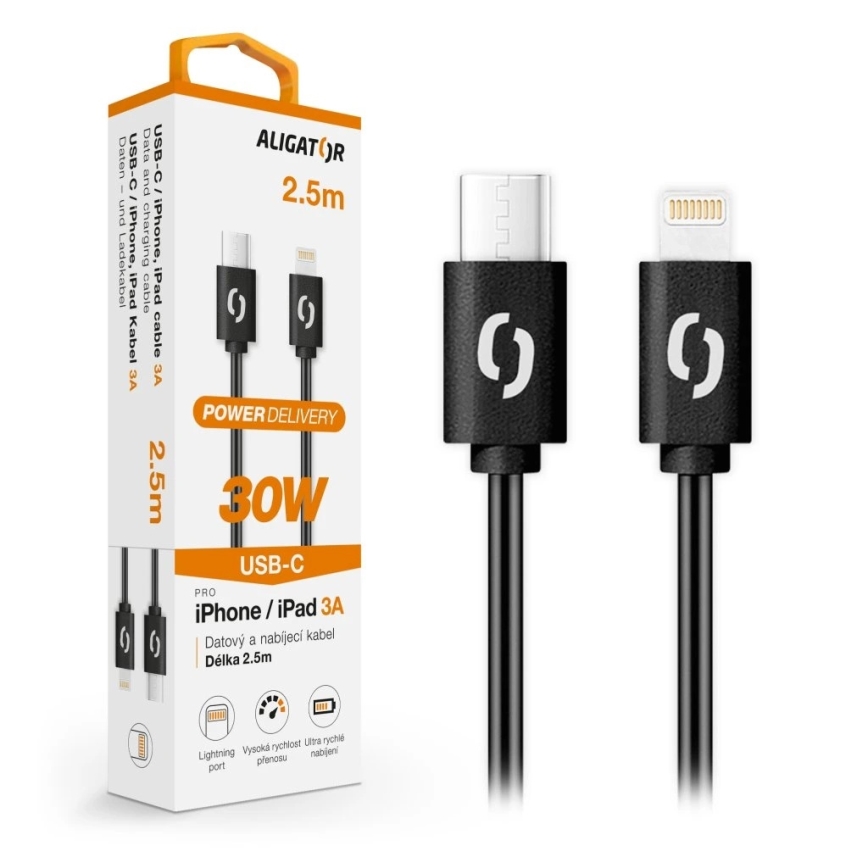 Aligator DATKP60 - cavo USB USB-C / Lightning 30W Power Delivery 2,5m nero