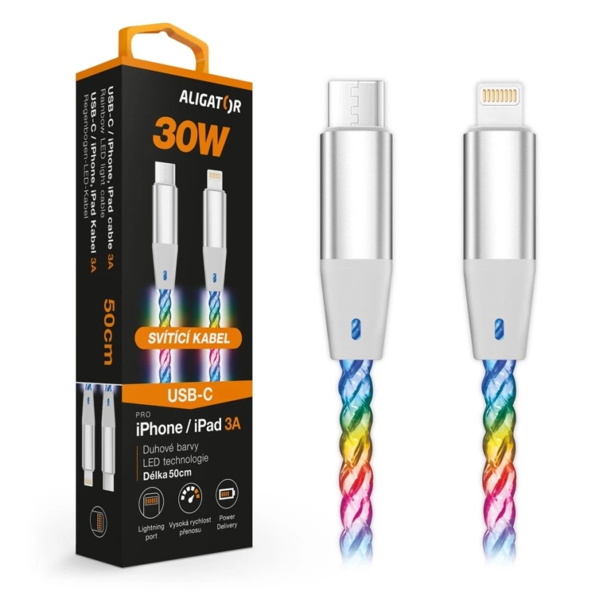 Aligator DATKP65 - USB-Kabel USB-C / Lightning mit LED-Beleuchtung 30 W Power Delivery 0,5 m