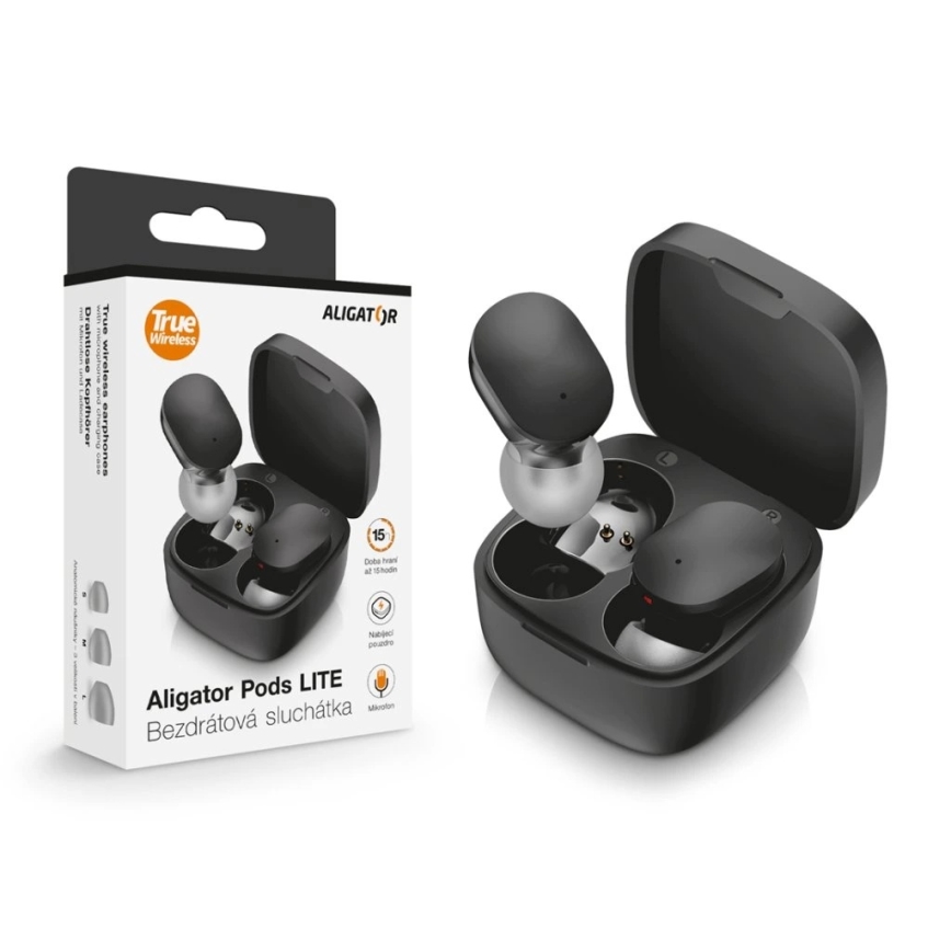 Aligator TWS05 - Auricolari wireless Pods LITE 200 mAh + 2x 30 mAh neri