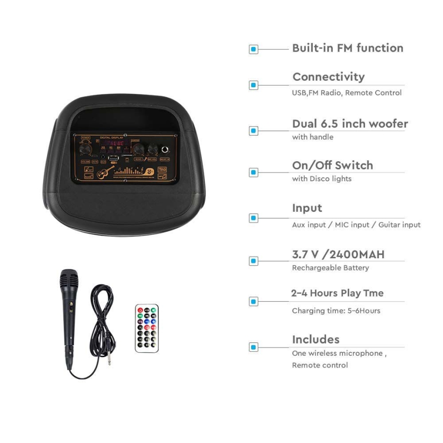 Altoparlante LED RGB ricaricabile con microfono 400W/2400 mAh + telecomando