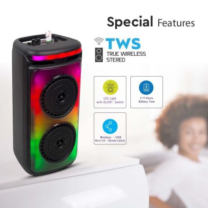 Altoparlante LED RGB ricaricabile con microfono 400W/2400 mAh + telecomando