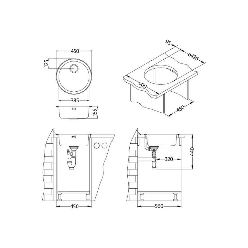 ALVEUS 1084837 - Lavello della cucina FORM diametro 45 cm opaco acciaio/satin, uscita grande