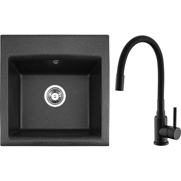 ALVEUS SETA23193 - Évier de cuisine ATROX 50 x 50 cm + mitigeur de cuisine à bec flexible MINTAS 34 cm, granite/noir mat