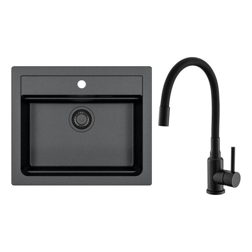 ALVEUS SETA23228 - Lavello da cucina ATROX 59x50 cm + miscelatore per lavello con collo flessibile MINTAS 34 cm granito/nero opaco