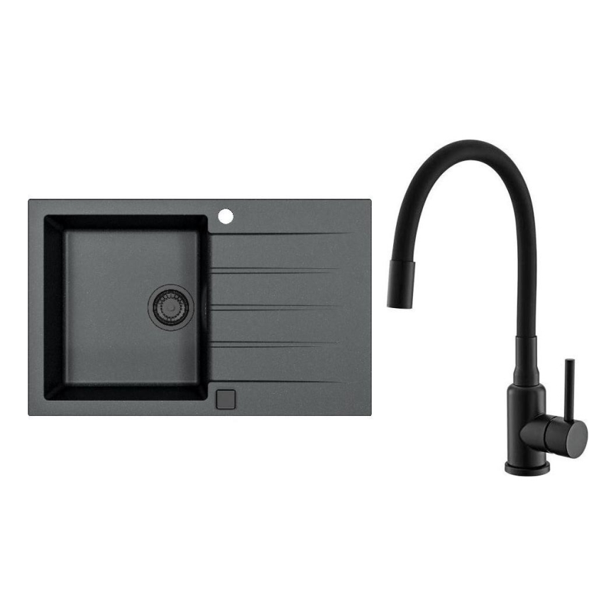 ALVEUS SETA23231 - Lavello da cucina CADIT 79x50 cm + miscelatore con collo flessibile MINTAS 34 cm, granito/nero opaco