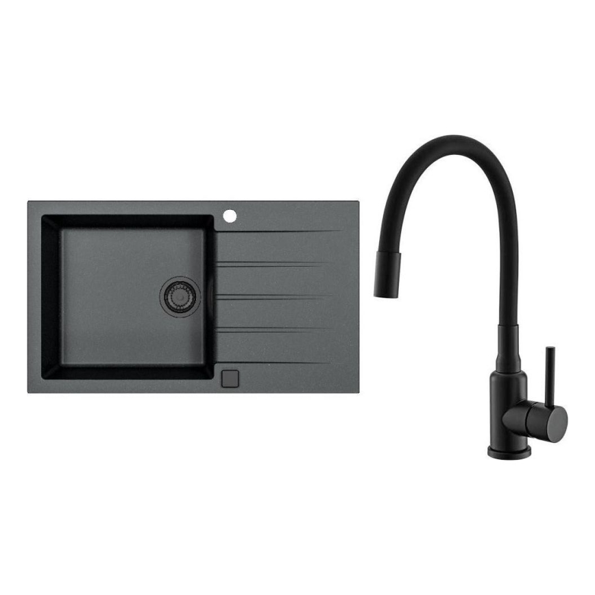 ALVEUS SETA23232 - Évier de cuisine CADIT 86x50 cm + mitigeur d'évier à bec flexible MINTAS 34 cm granit/noir mat