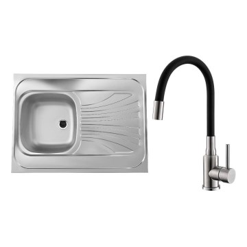 ALVEUS SETA24019 - Lavello da cucina CLASSIC 80 x 60 cm + miscelatore per lavello con bocca flessibile MINTAS 34 cm acciaio spazzolato/nero