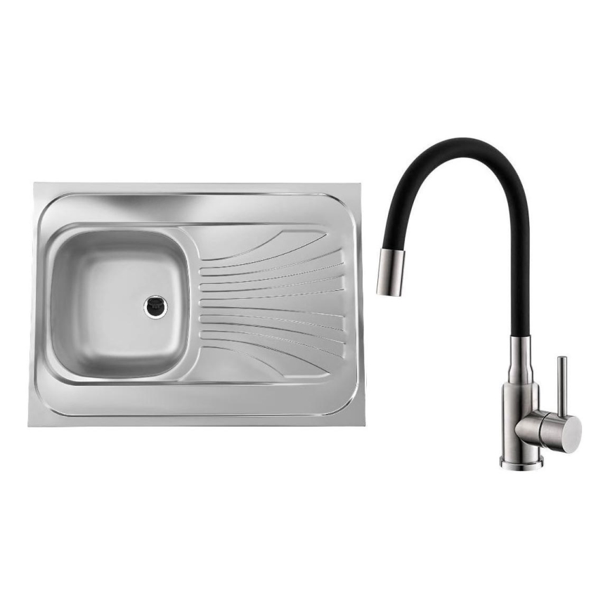 ALVEUS SETA24019 - Lavello da cucina CLASSIC 80 x 60 cm + miscelatore per lavello con bocca flessibile MINTAS 34 cm acciaio spazzolato/nero