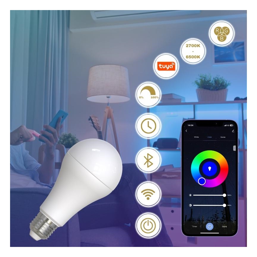 Ampoule à intensité variable LED RGBW A60 E27/15W/230V 2700-6500K Wi-Fi Tuya