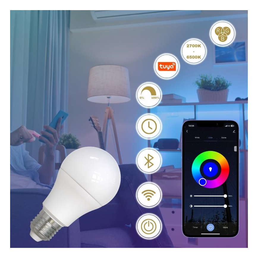 Ampoule à intensité variable LED RGBW A60 E27/9W/230V 2700-6500K Wi-Fi Tuya