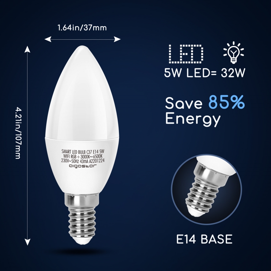 Ampoule à intensité variable LED RGBW C37 E14/5W/230V 3000-6500K Wi-Fi - Aigostar