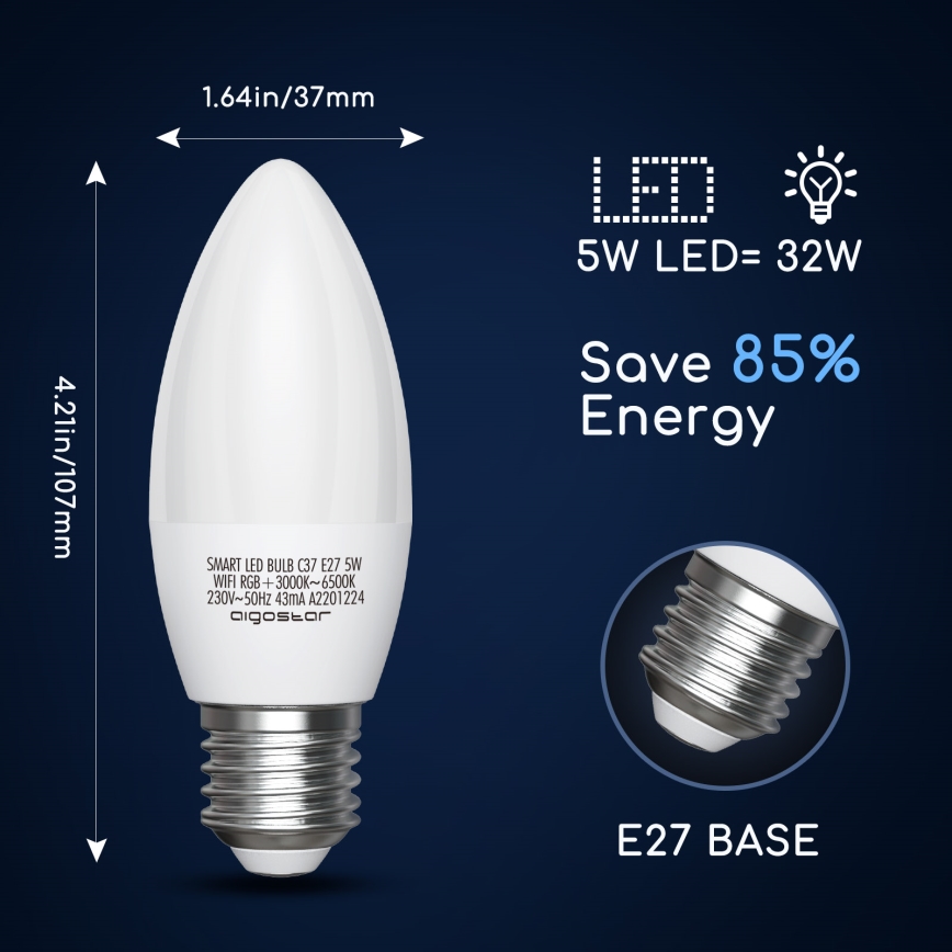 Ampoule à intensité variable LED RGBW C37 E27/5W/230V 3000-6500K Wi-Fi - Aigostar