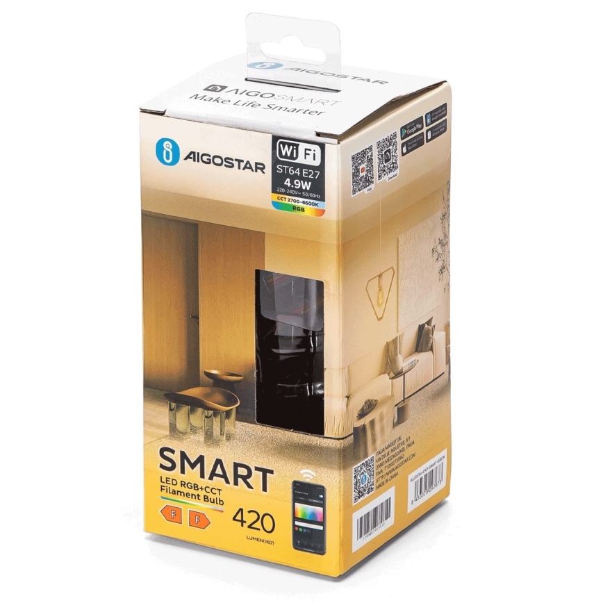 Ampoule à intensité variable LED RGBW FILAMENT ST64 E27/4,9W/230V 2700-6500K Wi-Fi - Aigostar