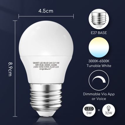 Ampoule à intensité variable LED RGBW G45 E27/5W/230V 3000-6500K Wi-Fi - Aigostar