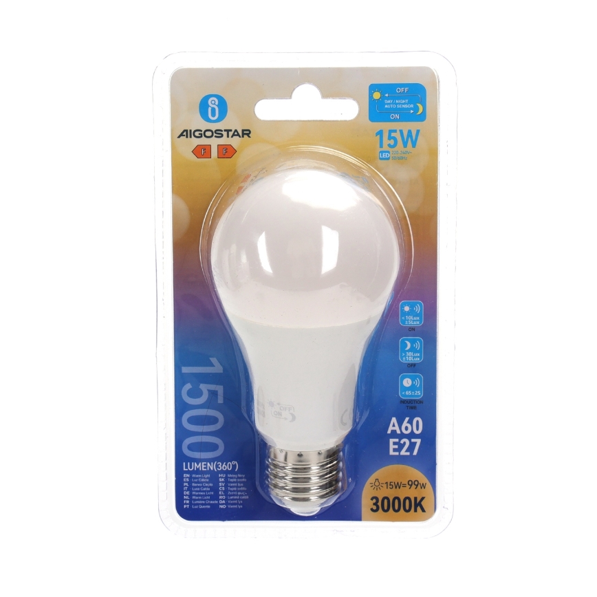 Ampoule LED A60 E27 15W 230V 3000K avec détecteur crépusculaire - Aigostar