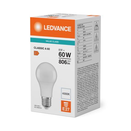 Ampoule LED CLASSIC A60 E27/8W/230V 4000K - Ledvance