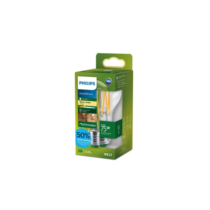 Ampoule LED dimmable ULTRAEFFICIENT VINTAGE Philips A60 E27/5,2W/230V 2700K