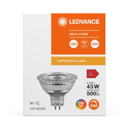 Ampoule LED dicroïque dimmable MR16 GU5,3/6,6W/12V 4000K 36° IRC 97 - Ledvance