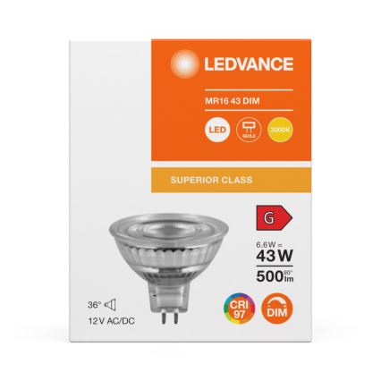 Ampoule LED dimmable réflecteur MR16 GU5,3/6,6W/12V 3000K 36° IRC 97 - Ledvance