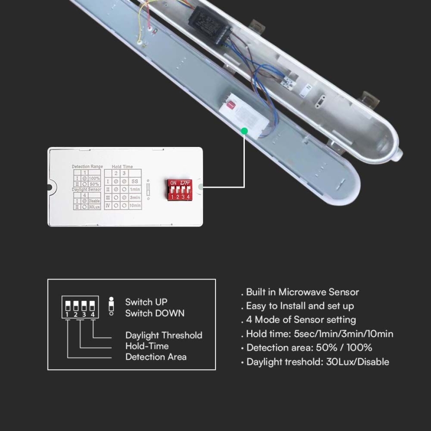 Corpo illuminante LED tecnico tipo fluorescente con sensore di movimento e crepuscolare LED/36W/230V 4000K IP65 120 cm