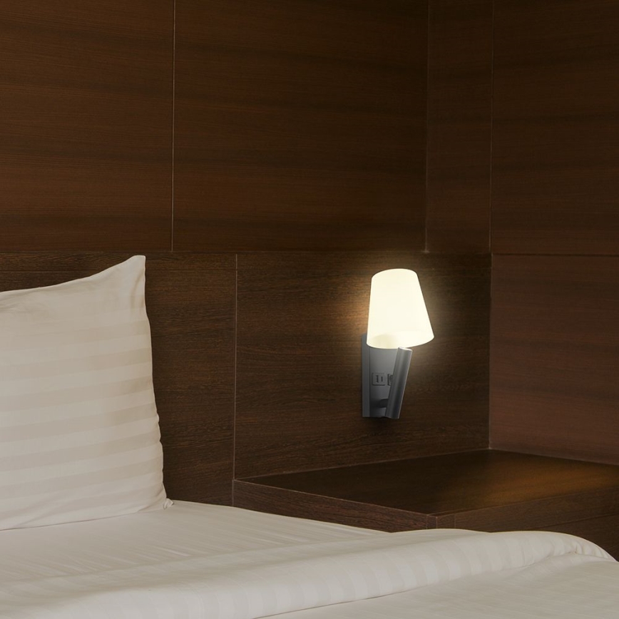 Applique LED da parete con porta USB, 2W, 230V, 3000K, nero/bianco