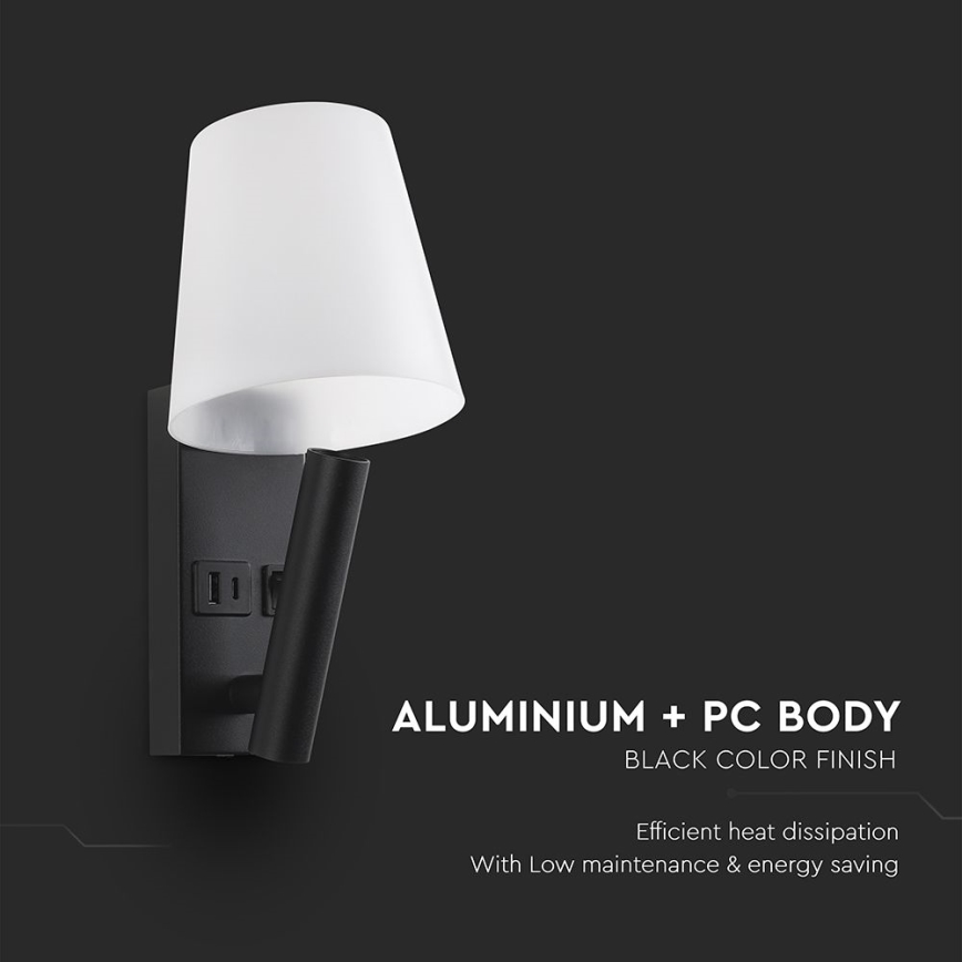 Applique LED da parete con porta USB, 2W, 230V, 3000K, nero/bianco
