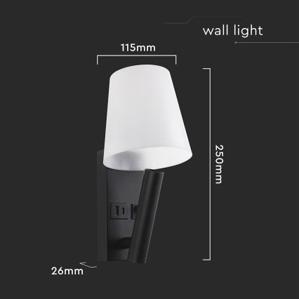 Applique LED da parete con porta USB, 2W, 230V, 3000K, nero/bianco