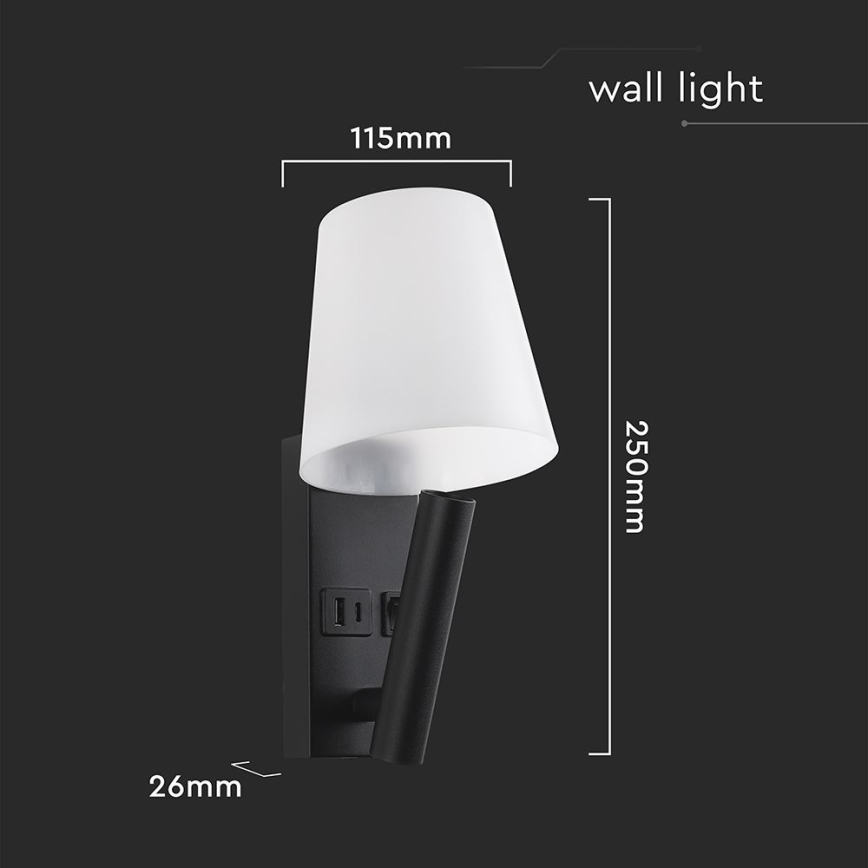 Applique LED da parete con porta USB, 2W, 230V, 3000K, nero/bianco